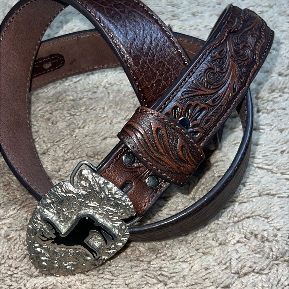 Nocona Belt Co Engraved Leather Western Belt with Deer Buckle Size 42 - Picture 7 of 7